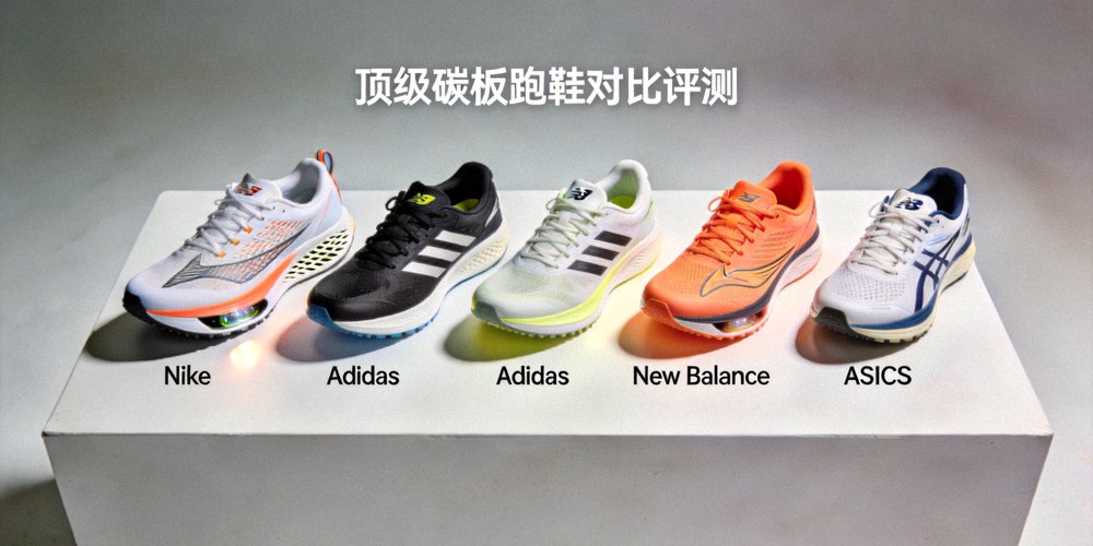 多款不同品牌的顶级碳板跑鞋并列摆放进行对比评测